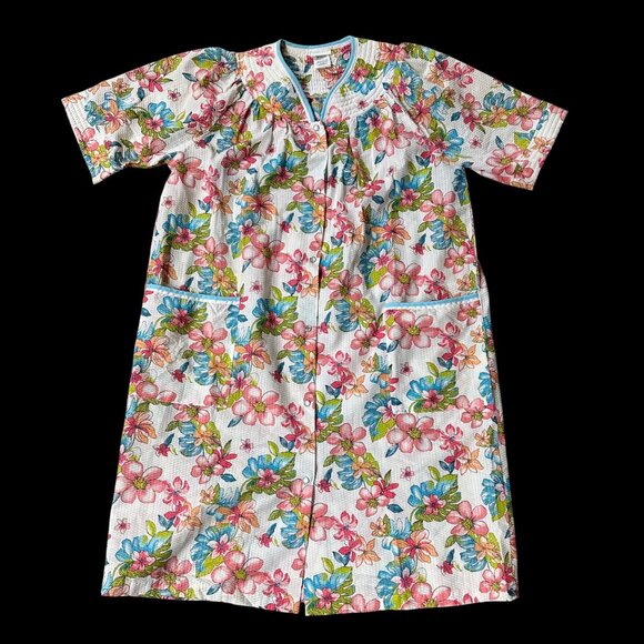 Vintage Duster Robe Housecoat Floral Pockets Tropical Flowers Lg Simply Basic - Picture 2 of 7